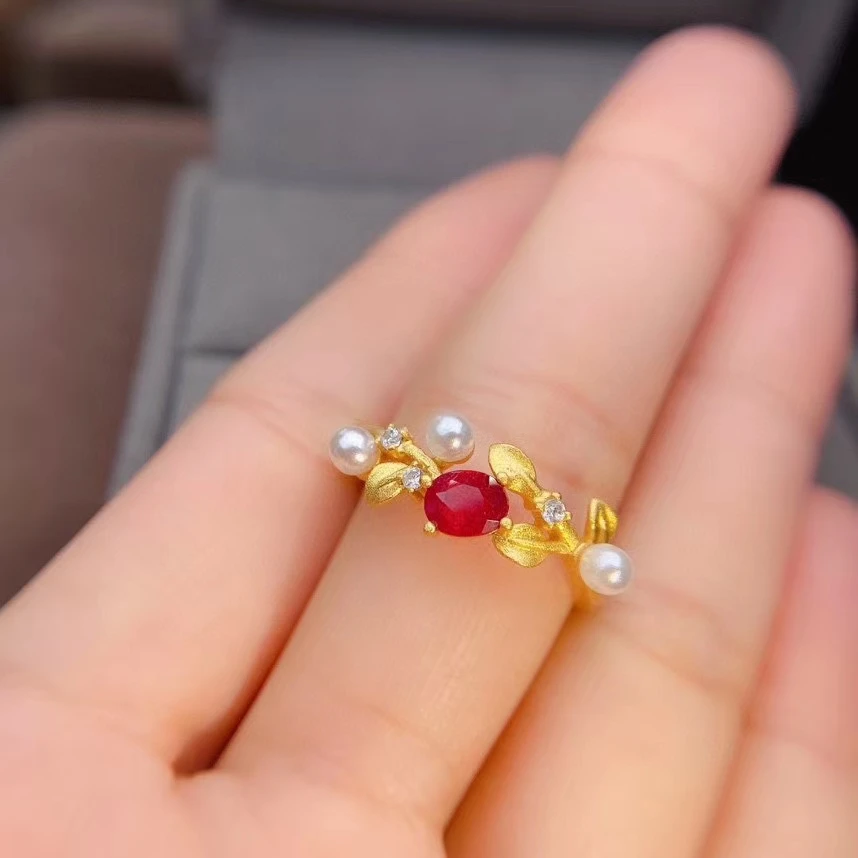 KJJEAXCMY fine jewelry 925 sterling silver inlaid natural ruby Girl Girl popular Chinese style plant pearl gem ring support test