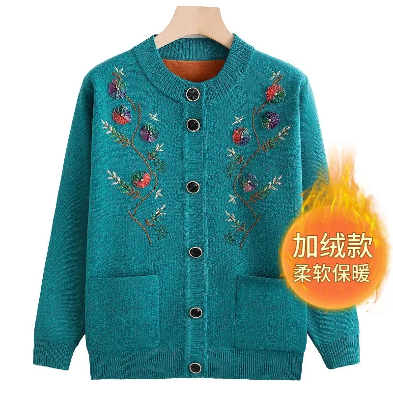 New 2024  Elderly Cardigan Sweater Women Mother's Clothes Grandma Knitted Sweater Jacket Autumn Winter Cardigans Coat Tops