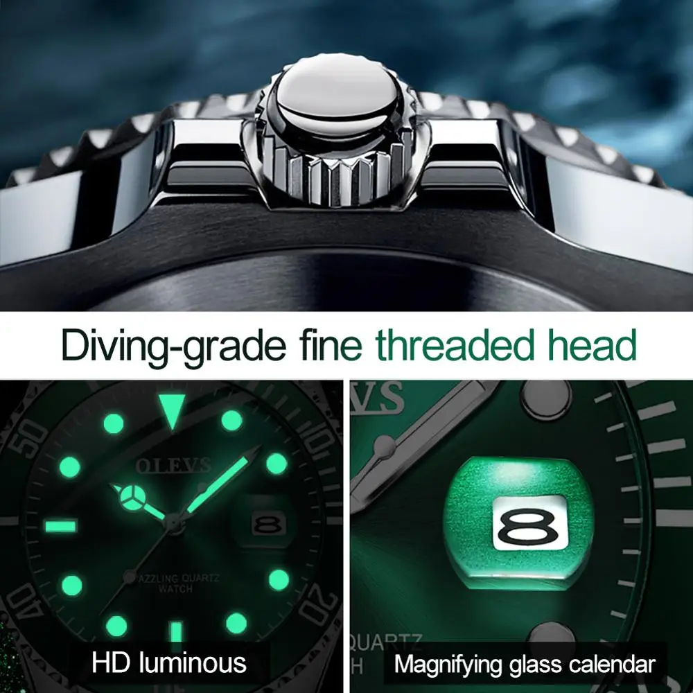 Olevs relógios masculinos marca de luxo moda à prova dwaterproof água luminosa mão verde dial quartzo esportes relógio pulso presentes para homem