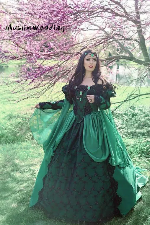 Vintage Green Medieval Wedding Dress Costumes Renaissance Gothic Bridal Dresses With Caped Long Sleeve Lace 1860 Customized