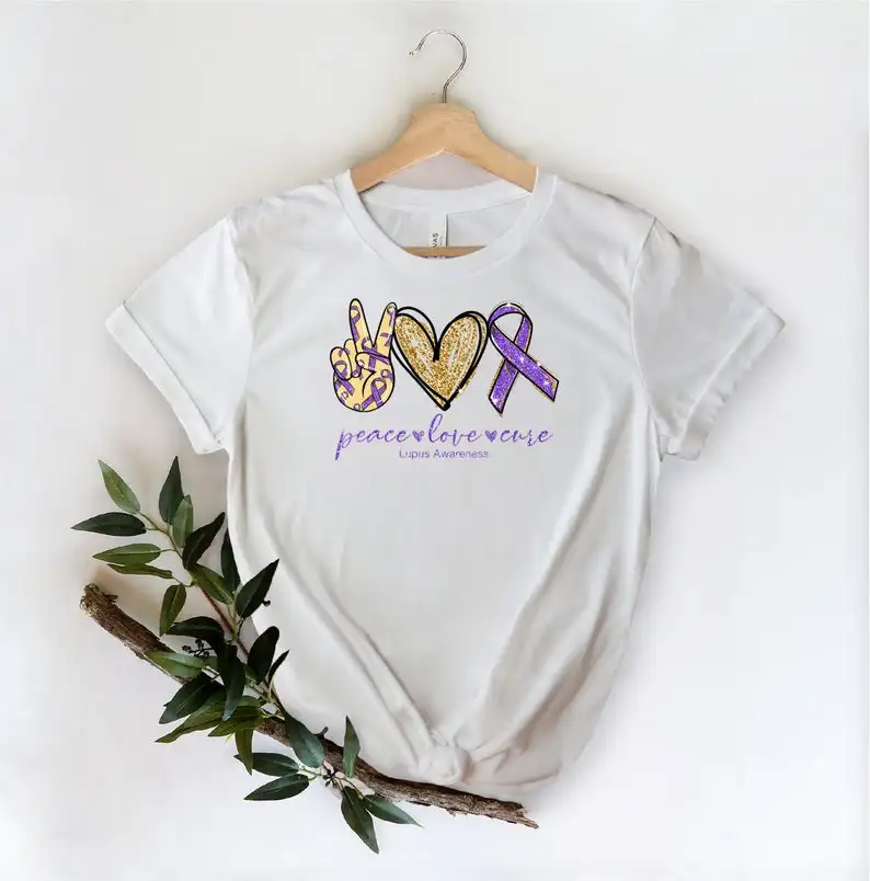 Lupus Awareness  Awareness Peace Love Cure Shirt 100% cotton crewneck short sleeve cute fashion top tees for women Ladies goth