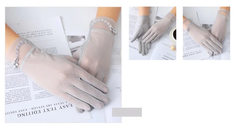 Sexy Summer Women UV Sunscreen Short Sun Screen Pearl Flowers Gloves Thin Ice Silk Lace Touch Screen Viscose Driving Gloves J53