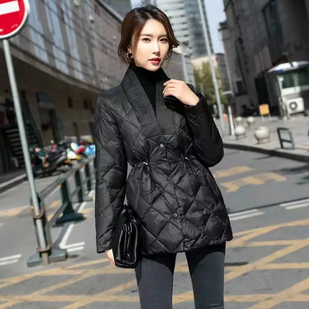 Winter New Korean Style Diamond Down Cotton Jacket Women Mid-length V-neck Waist Warm Chic Women Coat Thicken Quilted Jacket