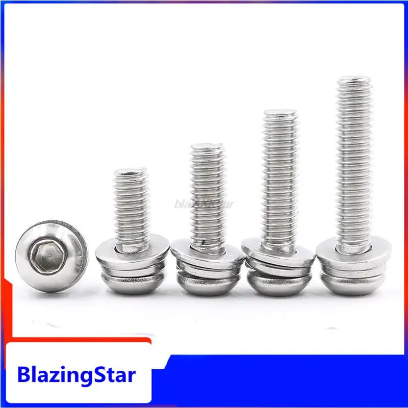 1/50pcs M3 M4 M5 M6 M8 304 Stainless Steel Hexagon Hex Socket Button Head SEM Screw Flat With Washer Spring Gasket Assemble Bolt