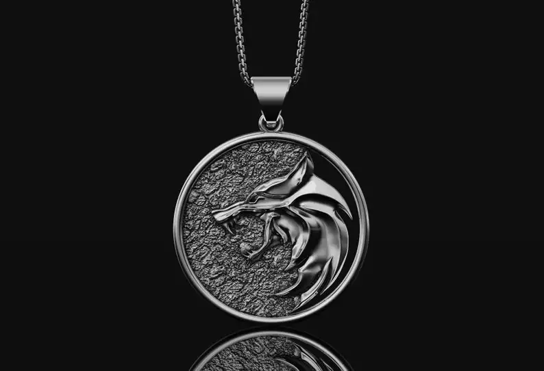 Witcher Geralt of Rivia Medallion Gold Plating White Wolf Necklace  Mens Birthday Pendant Gwynbleidd Boy