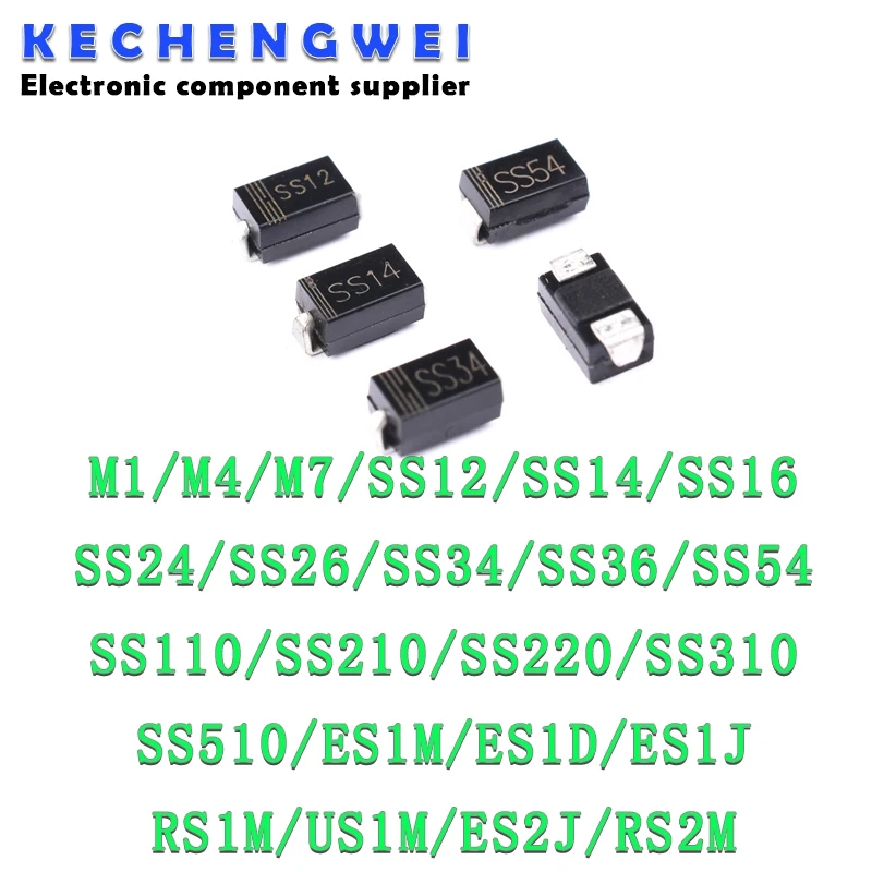 100szt SMA Dioda prostownicza M1 M4 M7 SS12 SS14 SS16 SS24 SS34 SS26 SS36 SS110 SS210 SS210 US1M RS2M RS1M ES1D 1N4007 DO-214AC