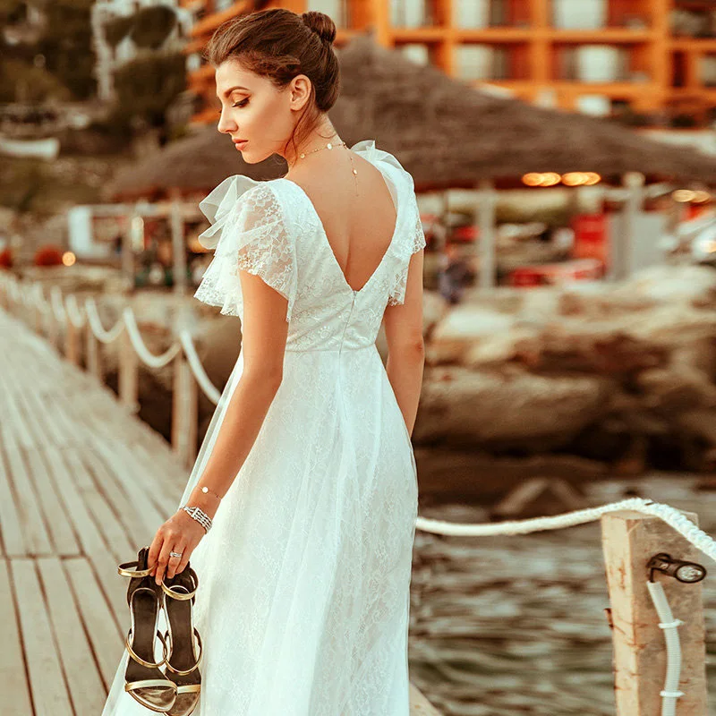 Robe de mariée bohème en dentelle pour femmes, dos ouvert, ligne A, tulle, longueur au sol, col en V, patients, robe de plage, 2024