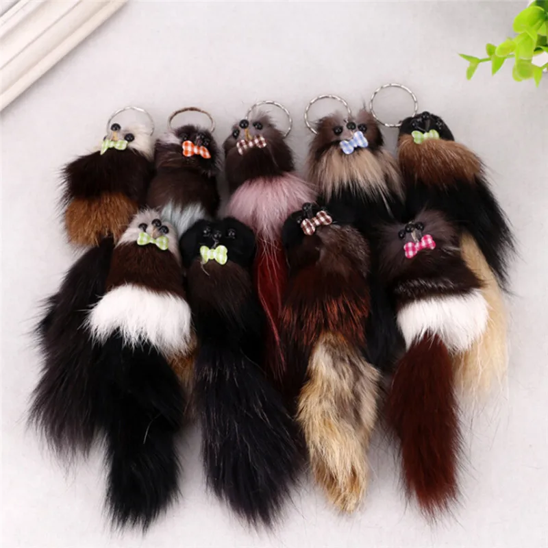 17cm Simulation Fox Fur Pompon Keychain Animal Mouse Key Chain Car Hanging Pendant Silver Plated Bag Hanger