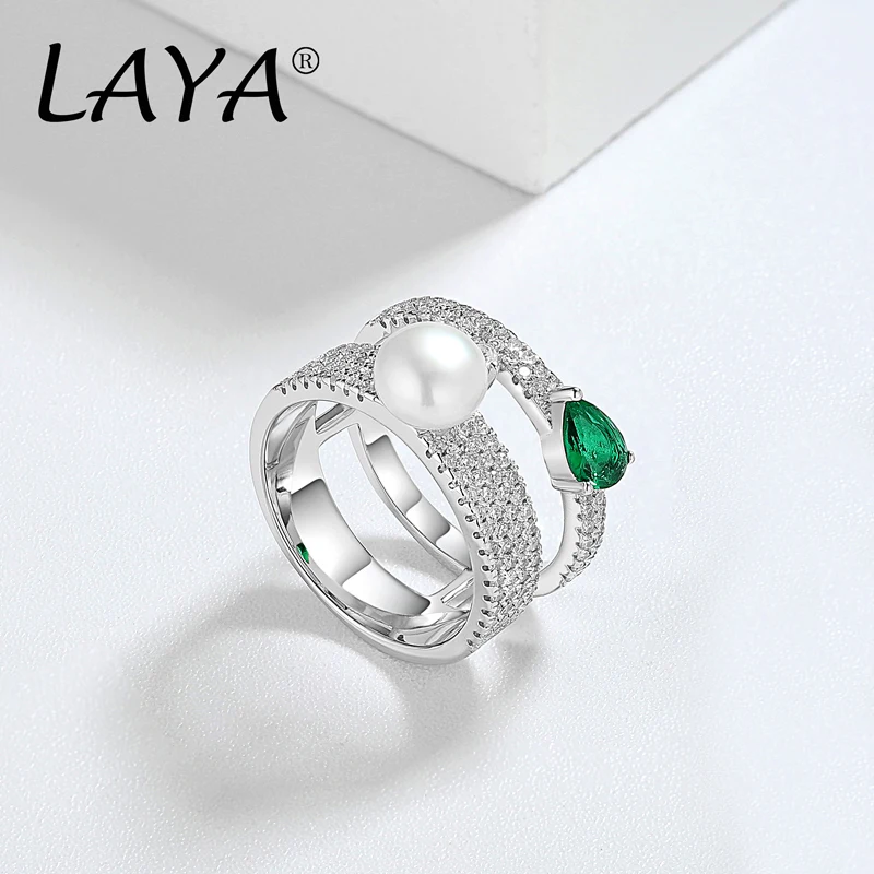 925 Sterling Silver Double Line High Quality Zircon Natural Freshwater Pearl Green Nano Ring For Women\'s Wedding Fashion Jewelry