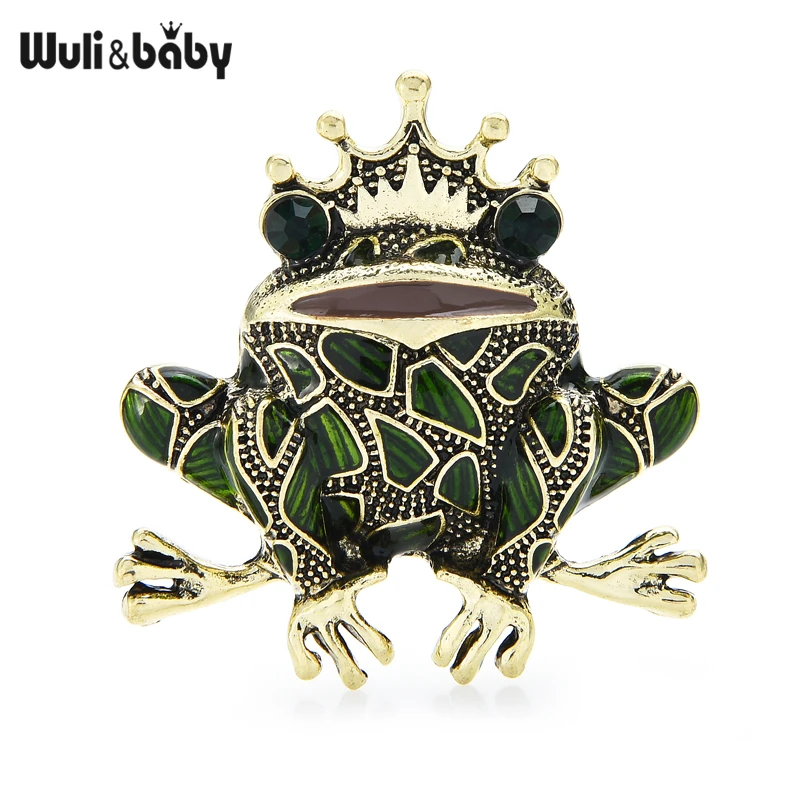 Wuli&baby Green Crown Frog Brooch Pins Prince Frog Enamel Brooches Animal Pin Gift New Design 2021