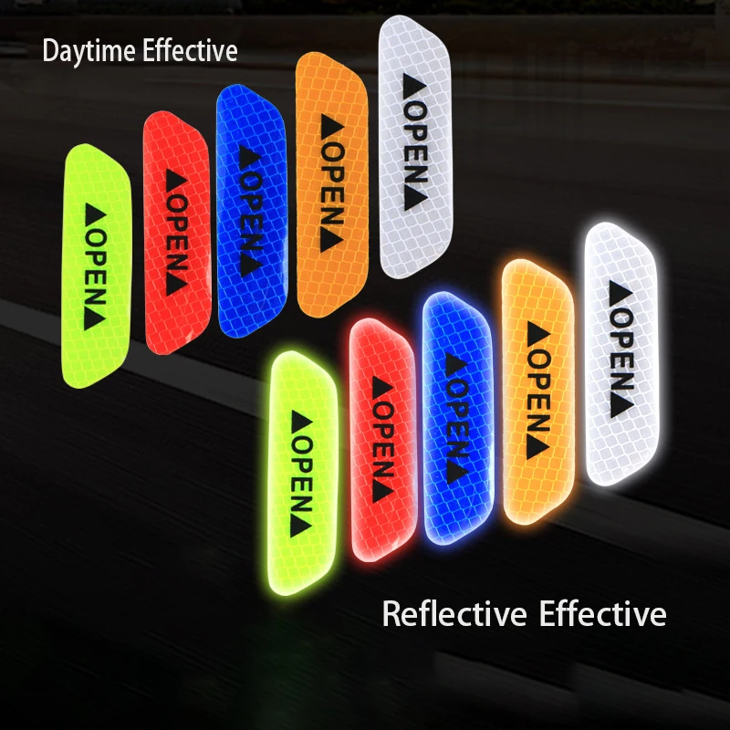 4 Pcs Car Door Safety Warning Reflective Stickers OPEN Sticker Long-distance Reflective Paper Anti-collision Decorative Sticker