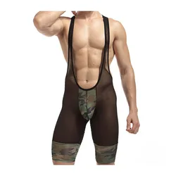 New Mens Camouflage Patchwork Underwear High Quanlity Male Bodysuits Nylon Ultra Thin Sheer Wrestling Singlet