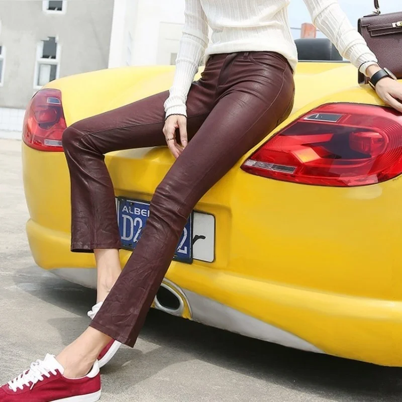 

Ladies Office Slim Fit Luxury Sheepskin Real Leather Boot Cut Flare Pants Womens Sexy Stretchy Skinny Push Up Trousers Red Pants