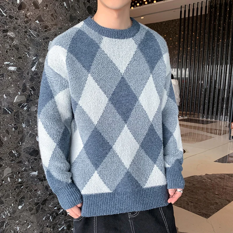 

Brand Fashion Men Sweaters Popular Style Male Plaid Knitted Pullovers Long Sleeve Spring Autumn Clothing Size M-3XL