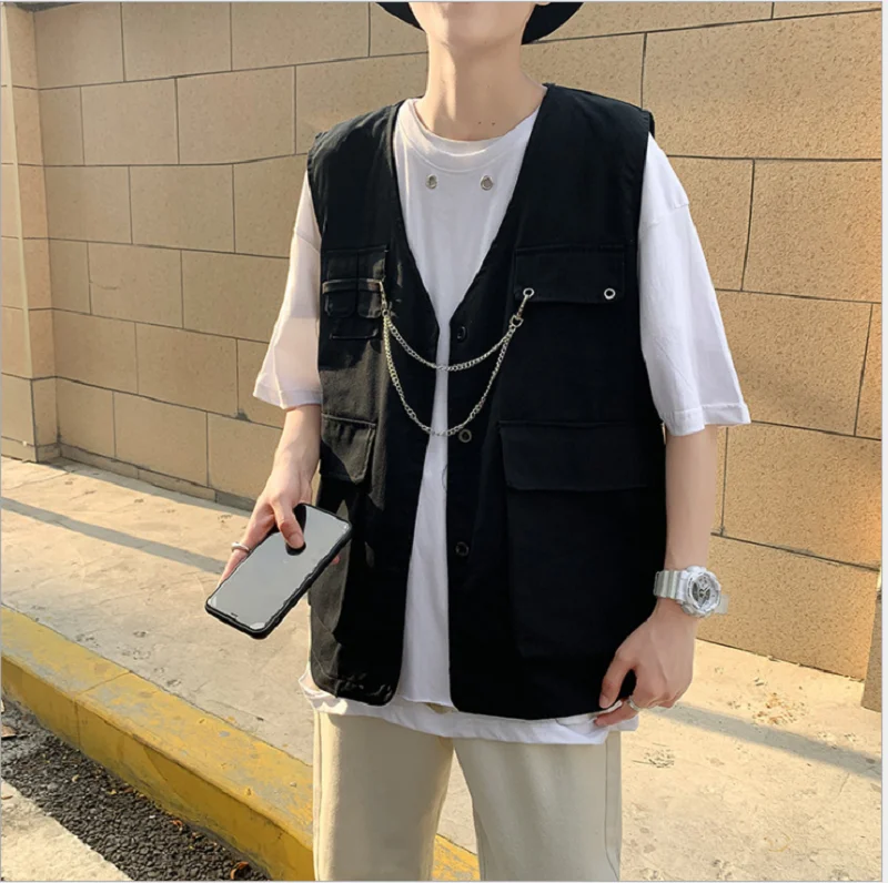 Mens Fashion Tooling Vest Men Streetwear Cargo Vest Hip Hop Sleeveless Jacket Gilet Military Multi-Pocket Outdoors Coat