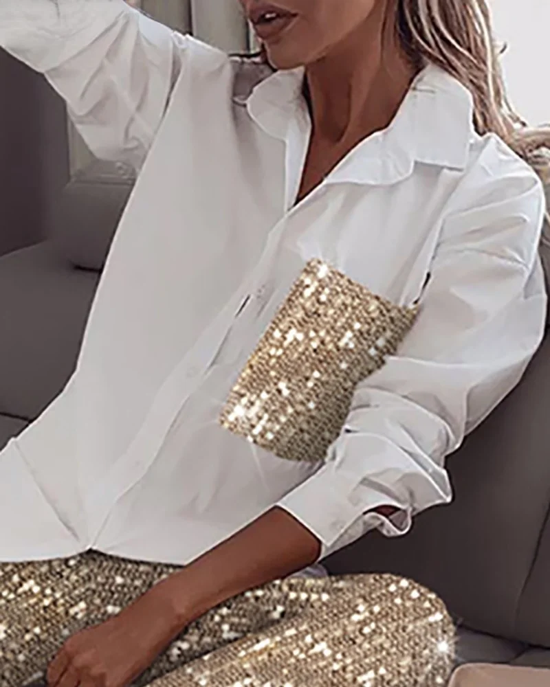 Sequin Long Sleeve Shirt & Glitter Shiny Pant Sets Women 2021 autumn new fashion suit