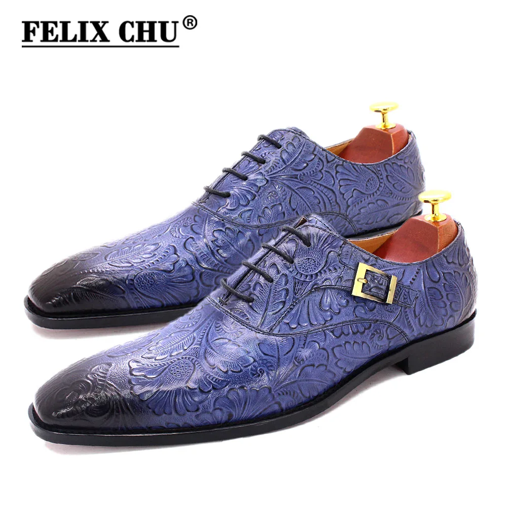 Size 6 To 13 Mens Dress Shoes Oxford Genuine Leather Blue Print Buckle Lace Up Pointed Toe Party Wedding Classic Shoes for Men