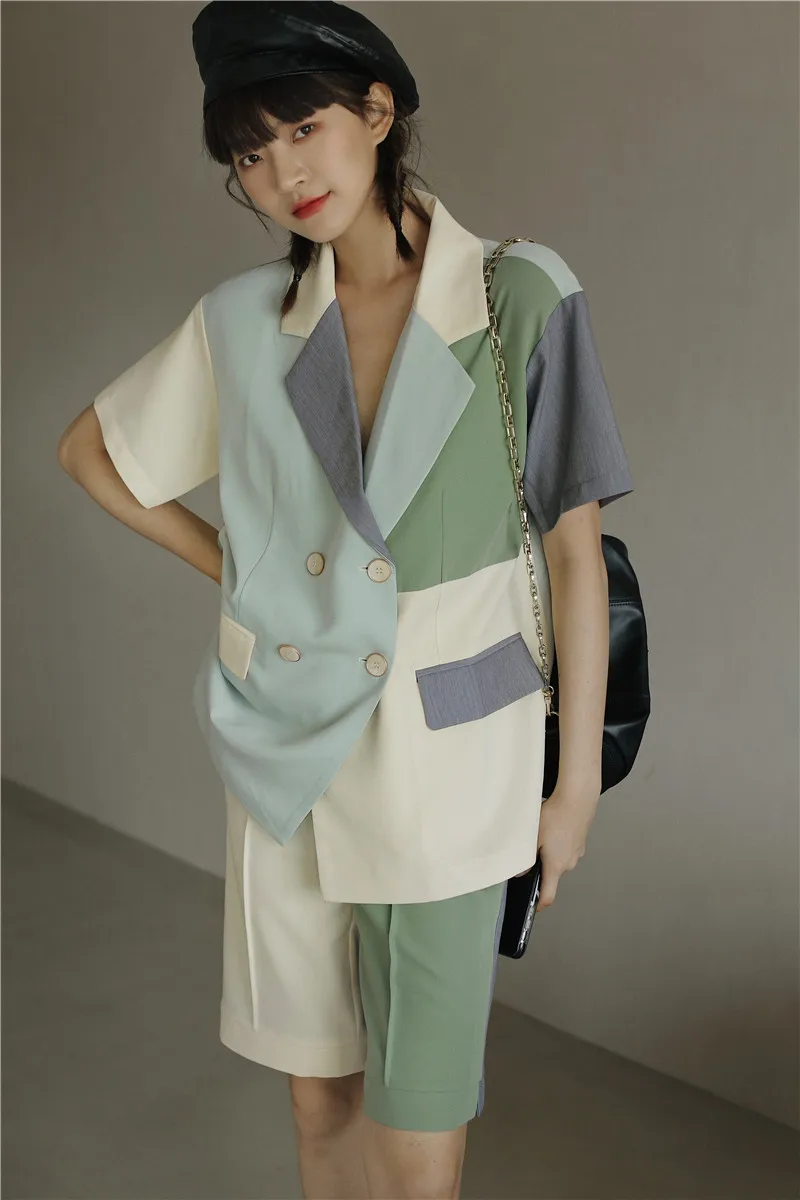 CHEERART Color Block Green Summer Blazer Women Short Sleeve Blazer Suit Jacket Double Breasted Coat Korean 2020 Fashion