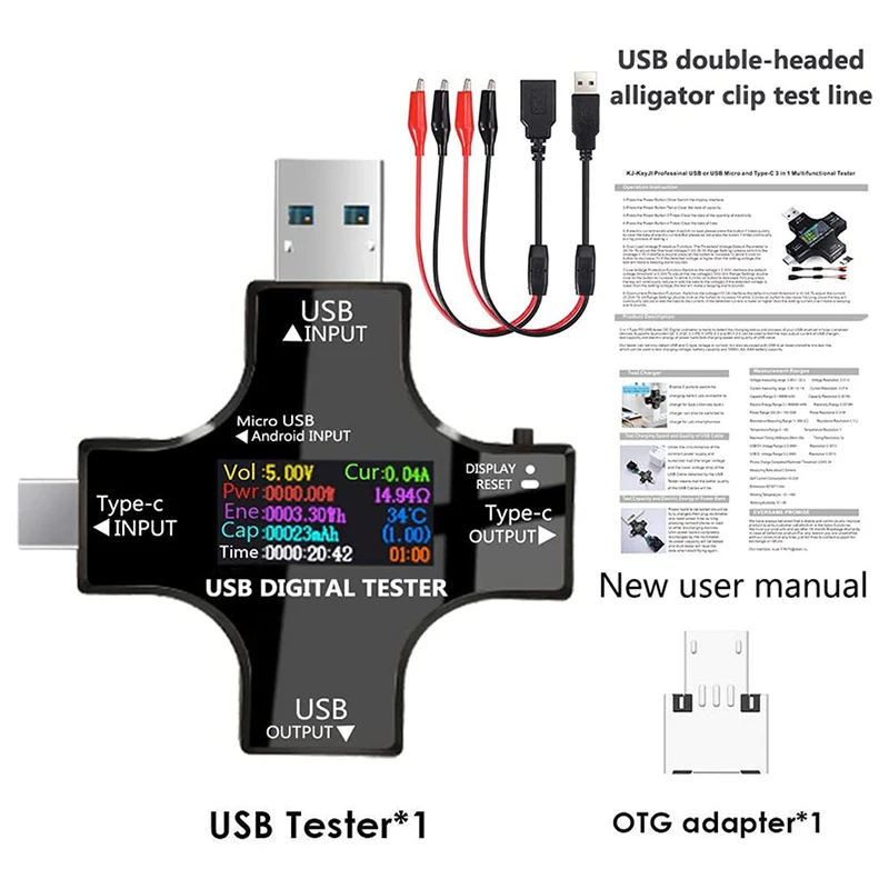 USB C Tester,2 in 1 Type C USB Tester Color Screen IPS Digital Multimeter,Voltage,Current,Power,Resistance,Temperature,with Clip