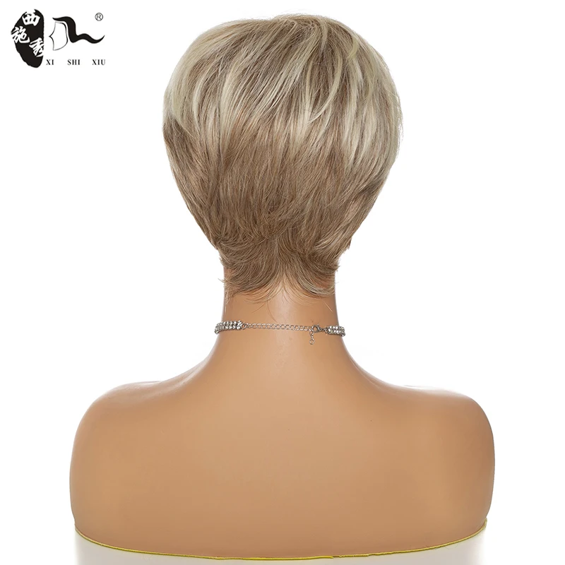 Short Blonde Natural Wavy Synthetic Wigs With Bangs For Women Mixed Brown Blonde High Temperature Fiber Fluffy Hair Daily Wigs