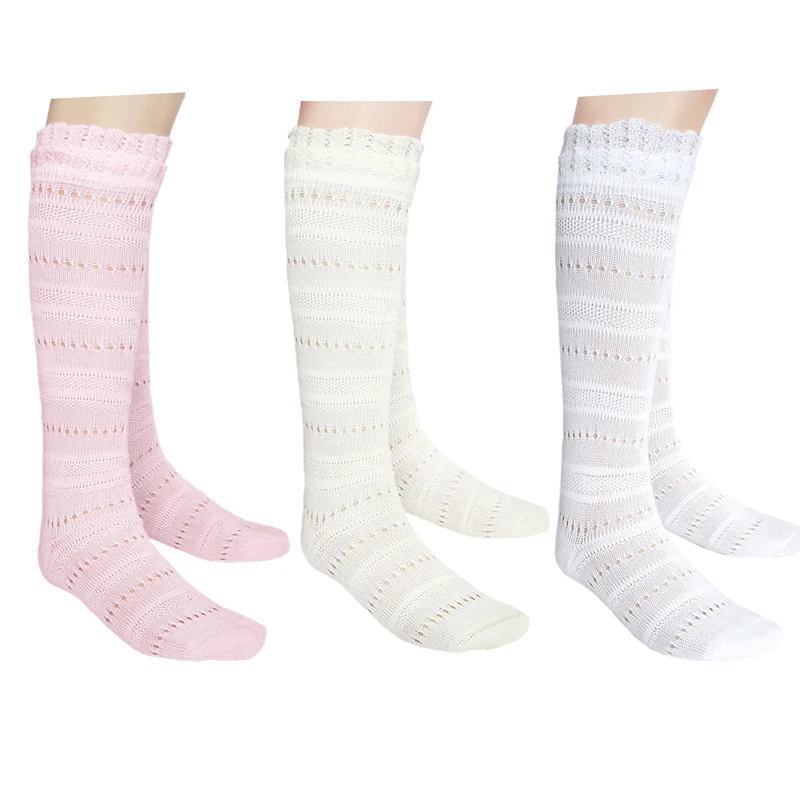 Girls Cotton School Knee High Socks White Grey Vanilla Cream Pink Gorgeous Open Woven Crochet Pointelle Patterns Boot Long Socks