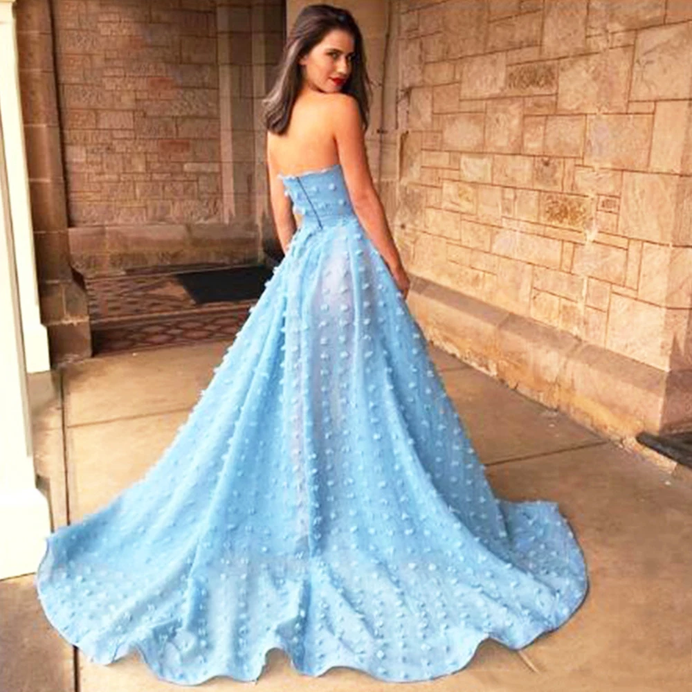 Vestido de fiesta azul sin tirantes, vestido de noche Sexy con hombros descubiertos, abertura alta, flor árabe saudita de Dubai, LaceFormal, personalizado