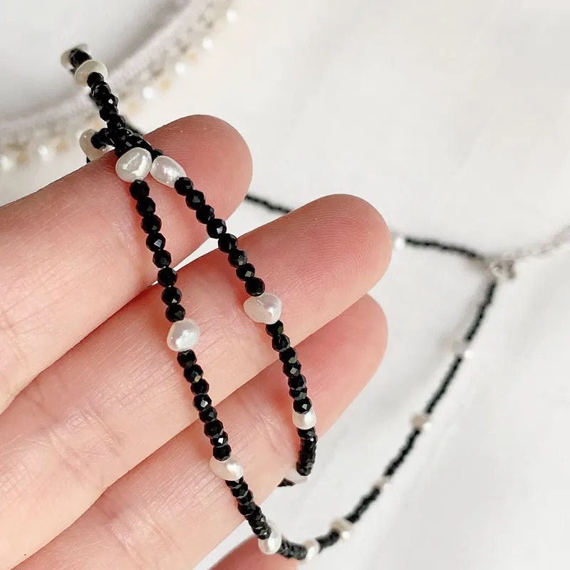 Fashion Healing Jewelry 2MM Small Black Obsidian Stone Crystal Necklace Natural Freshwater Baroque Pearl Choker Short Collier