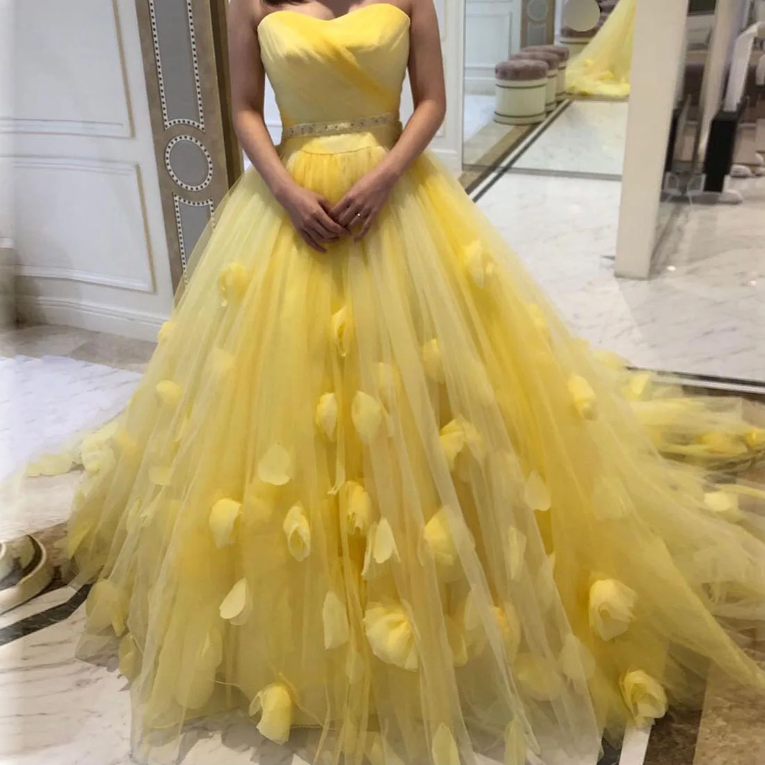 Bright Yellow Wedding Dress Strapless Sweetheart High Waist Handmade Flowers Sweep Train Lace Up Back Event Gown Sizes Available