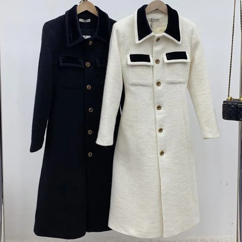 

Fall/winter French retro lapel metal single-breasted woolen coat women sinble breasted samll fragrance long overcoat