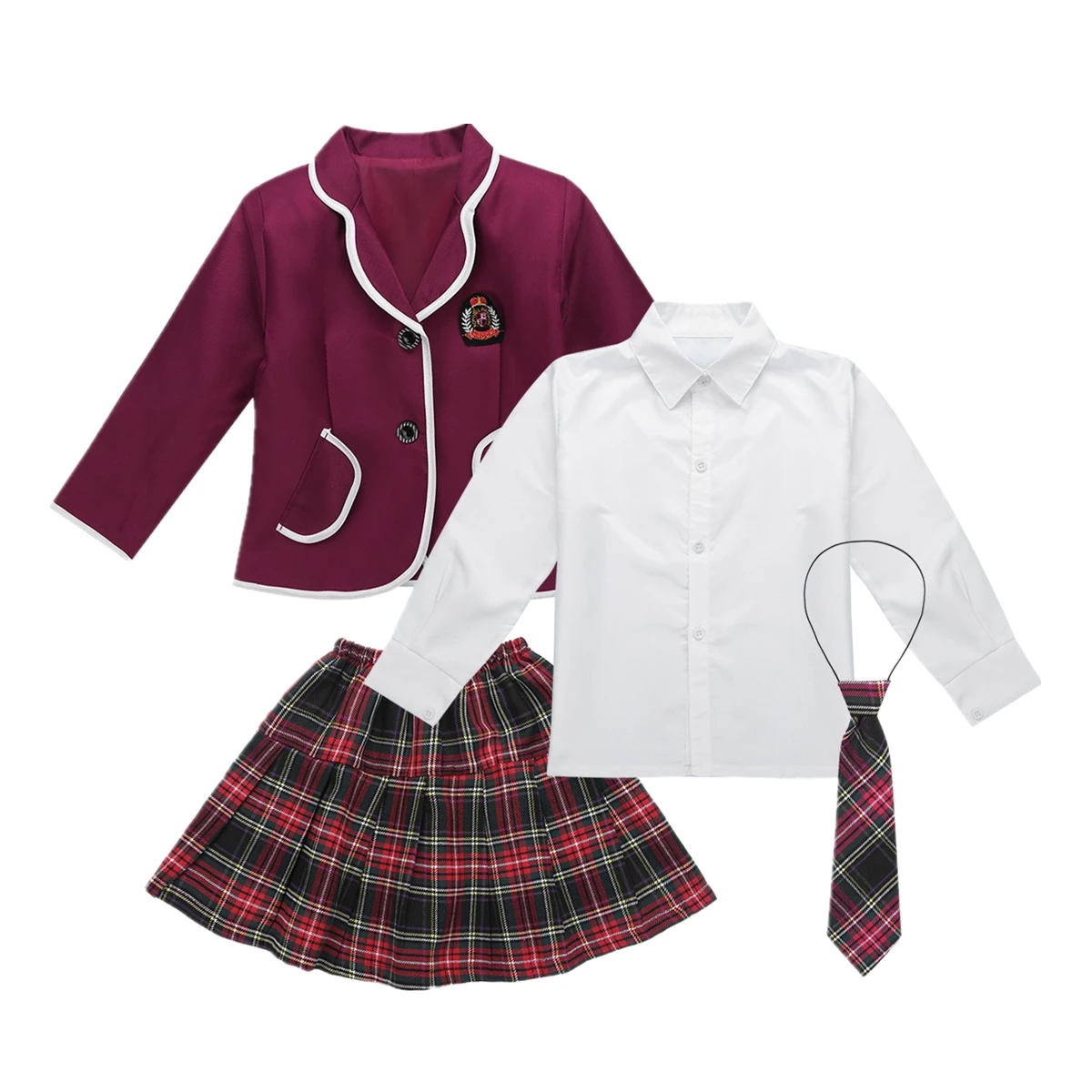 Bambini ragazze uniformi scolastiche in stile britannico studente Cosplay Anime Costume abito manica lunga cappotto con camicia cravatta Mini gonna Set