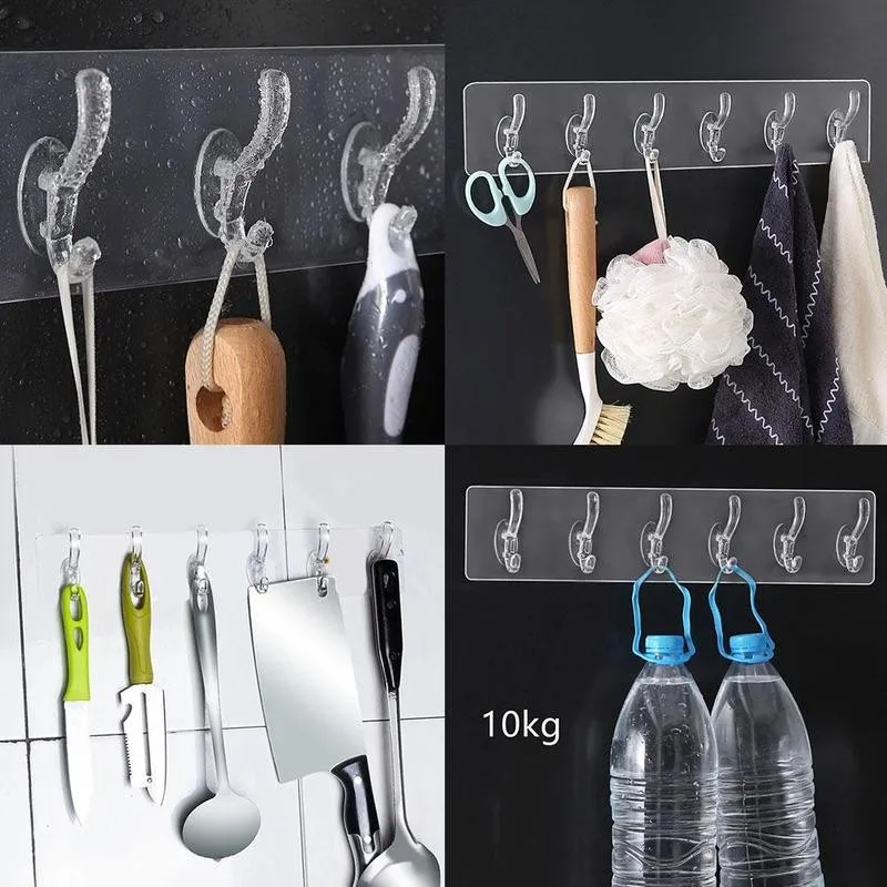 1/3/6 Hooks Transparent Strong Self Adhesive Door Wall Hangers Hooks Suction Heavy Load Rack Cup Sucker for Kitchen Bathroom