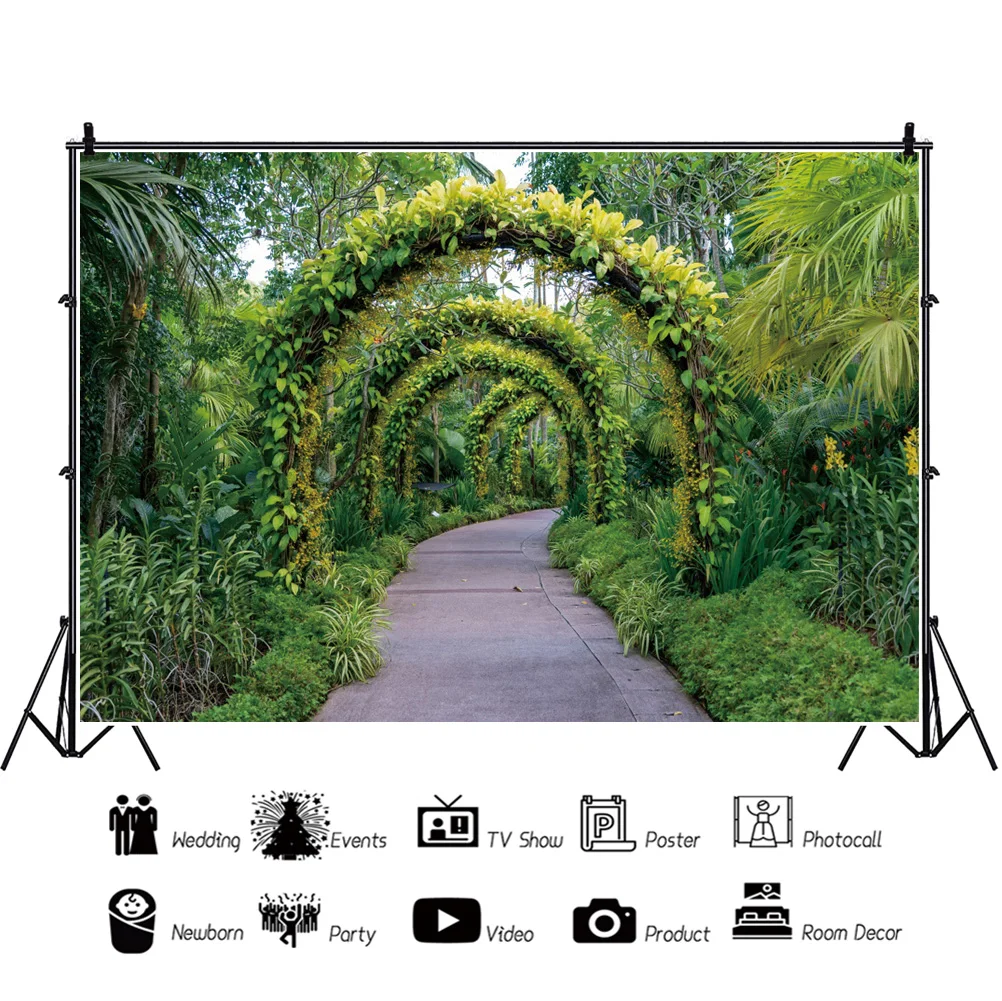 Laeacco zielona trawa ogród drzwi w kształcie łuku Park drzewo krzew sceniczny Photocall zdjęcie tło fotograficzne tło dla Photo Studio