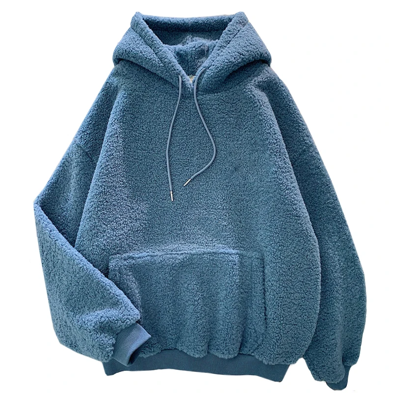 Autumn Winter Thick Coat Plus Velvet Lambskin Pullover Casual Warm Women Hoody Sweatshirt Solid Blue Tops Girl Loose Long Sleeve