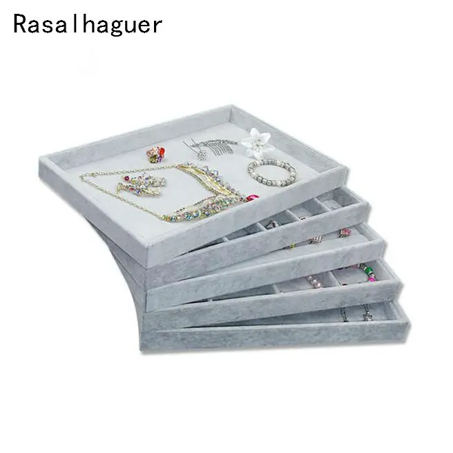 High Quality Ice Grey Velvet Jewelry Tray Jewelllery Storage Box Watch Holder Necklace Ring Earrings Pendant Display Organizer