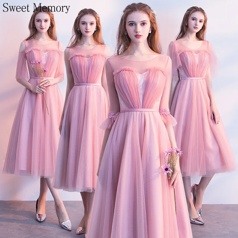 

J794 Pink Bridesmaid Dresses Women Illusion Lace Half Sleeve Tea-Length Graduation Vestidos Bride Wedding Guest Party Dress