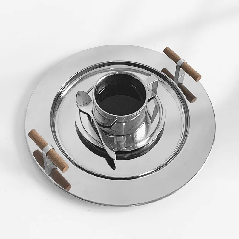 Stainless Steel Round Tray Nordic Wood Handle Storage Put Tea Cup Plate Jewelry Display Serving Tray Cosmetic Storage organizer