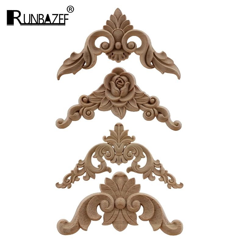 4PCS Decoration Accessories Solid Wood Applique Carved Mouldings Woodcarving Furniture Vintage Home Horn Flower NEW carving