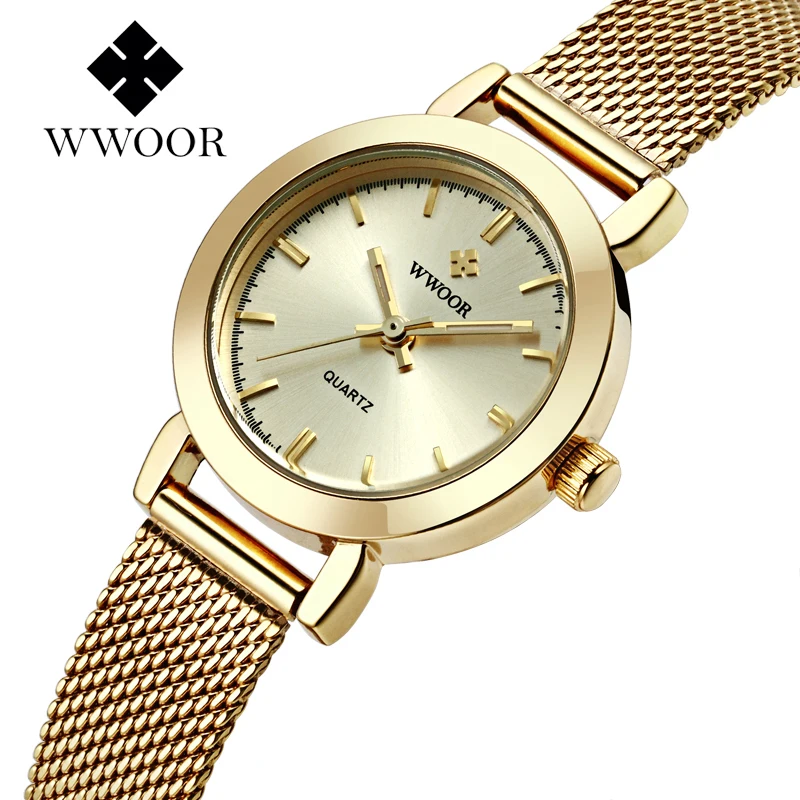 WWOOR Watch Women Luxury Brand Ladies Quartz Hand Clock Dress Small Gold Watch Women Stainless Steel Mesh Casual Bracelet Watch