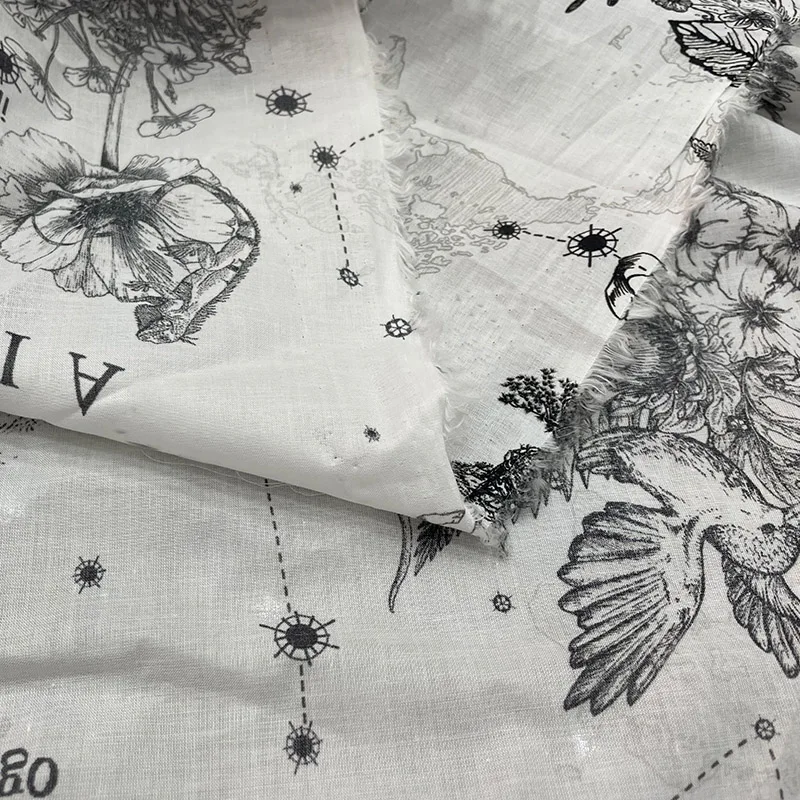 Black and White Bird/Flower/Butterfly Printed Thin Cotton Fabric For Woman Blouse Dress Tessuto En Tissu Tкань DIY Cloth Sewing