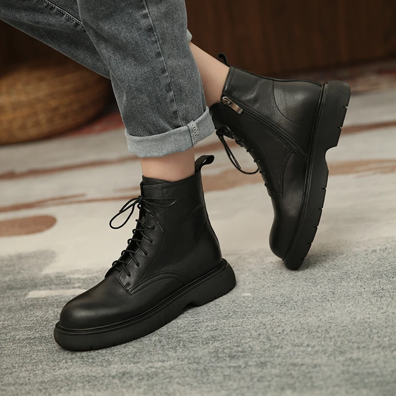 Women Shoes Women Boots 2024 Winter Genuine Leather Ankle Boots zapatos de mujer womens platform heels chunky boots lace up