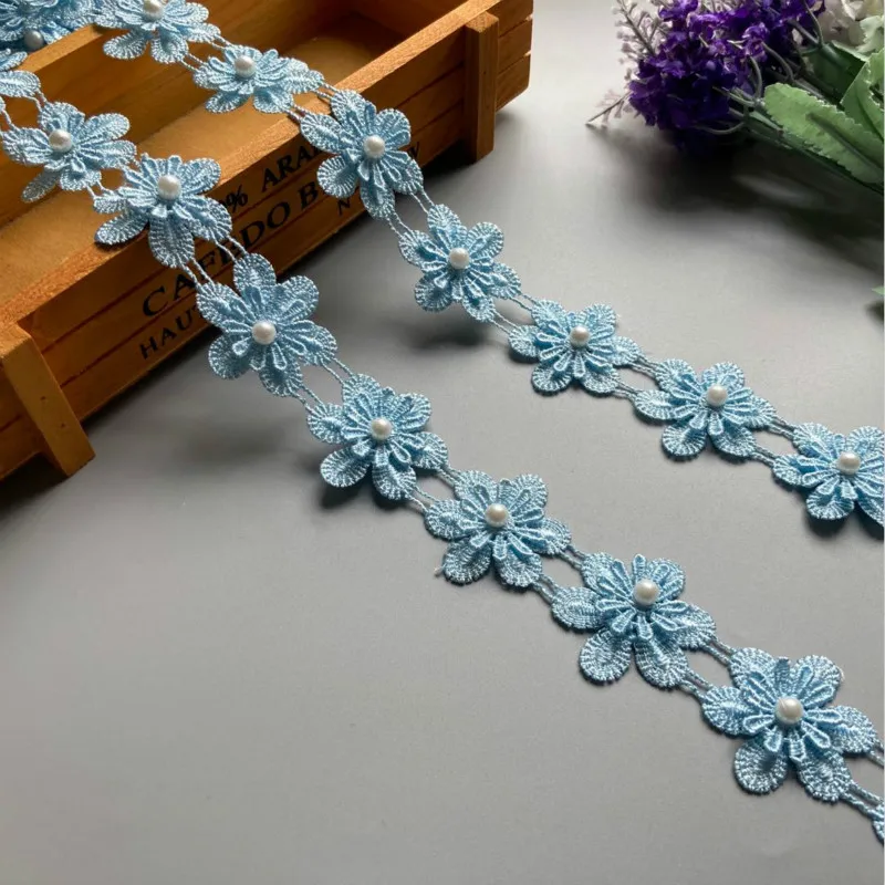 20x Fiocco di neve blu Perla Fiore Lace Trim Tessuto Nastro Applique Mestiere Fascia per capelli fai da te Matrimonio Ricamato Rifiniture Abito da