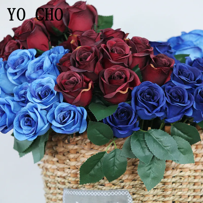 12 Heads Royal Blue Artificial Flowers Rose Floral Bouquet Simulation Silk Fake Flowers Home Wedding Party Table Decor Flowers