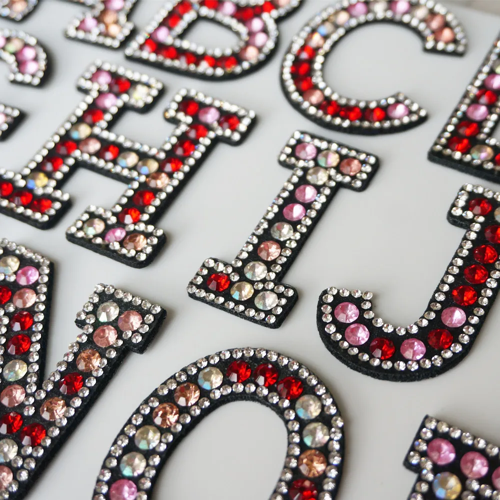 A-Z Pink Red Rhinestone English Letter Alphabet Sew Iron On Patch Badge 3D Handmade Letters Patches Bag Hat Jeans Applique DIY