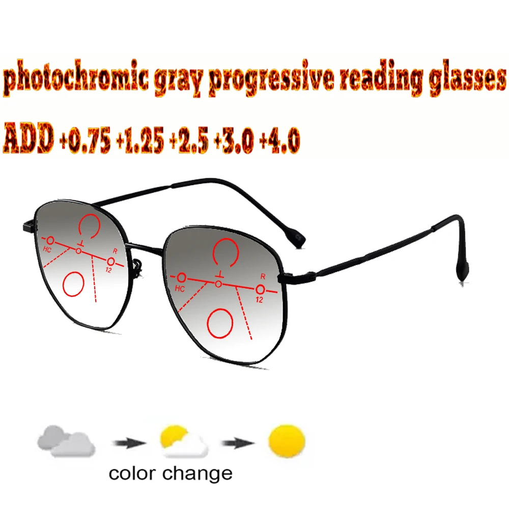 

Photochromic Gray Progressive Multifocal Reading Glasses Men Woem Ultralight Metal Frame+1.0 +1.5 +1.75 +2.0 +2.5 +3 +3.5 +4