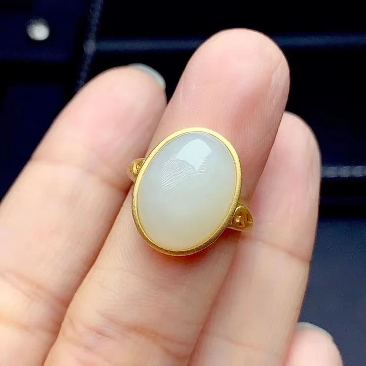 natural Hetian white jade ring for women silver jewelry big size jade soft character gold plated special craftmanship frosted