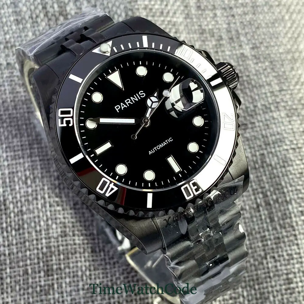 

Parnis 40mm Sapphire Automatic Mens Watch Miyota 8215 Date Cyclops Black PVD solid Bracelet Ceramic Bezel Luminous Mechanical