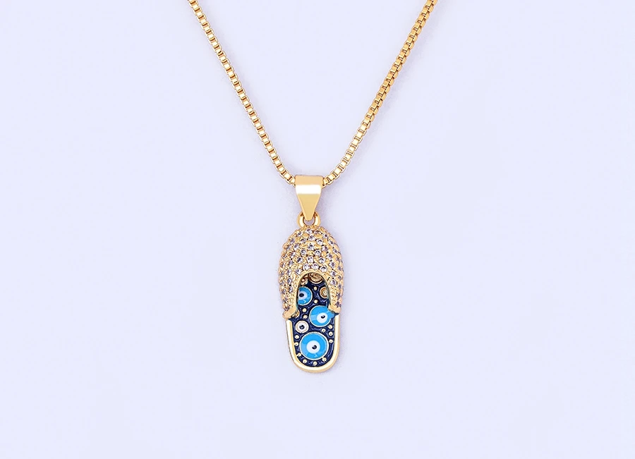 Nidin Mirco Pave CZ Rhinestone Enamel Slipper Pendant For Women Blue Evil Eye Necklace Chain Gold Plated Party Summer Jewelry