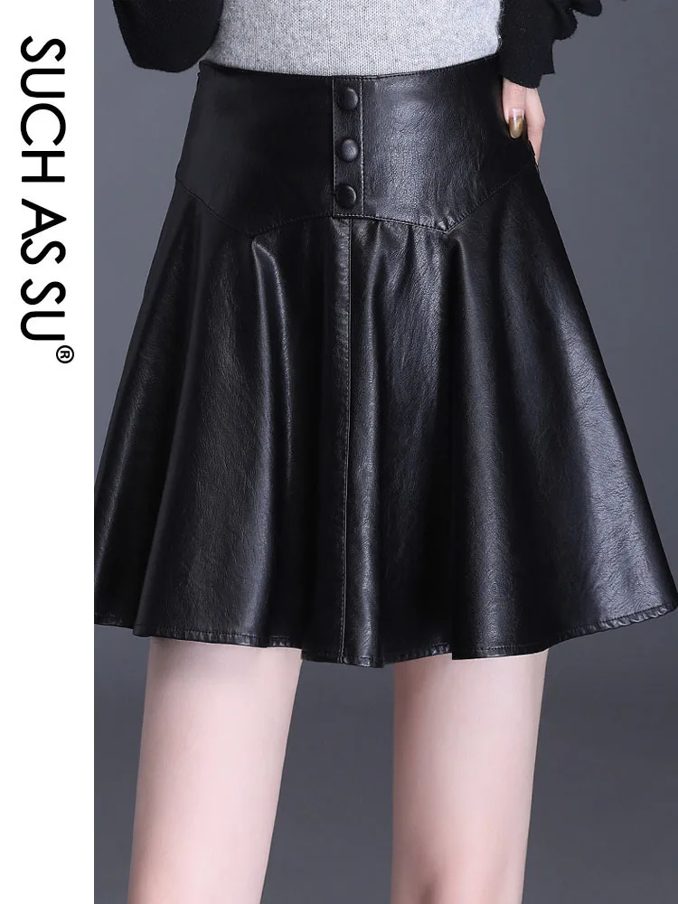 SUCH AS SU Skirt Women 2020 Autumn Winter  PU Leather High Waist Ladies Black Button Pleated S-XXXL Size Female Mini Skirt