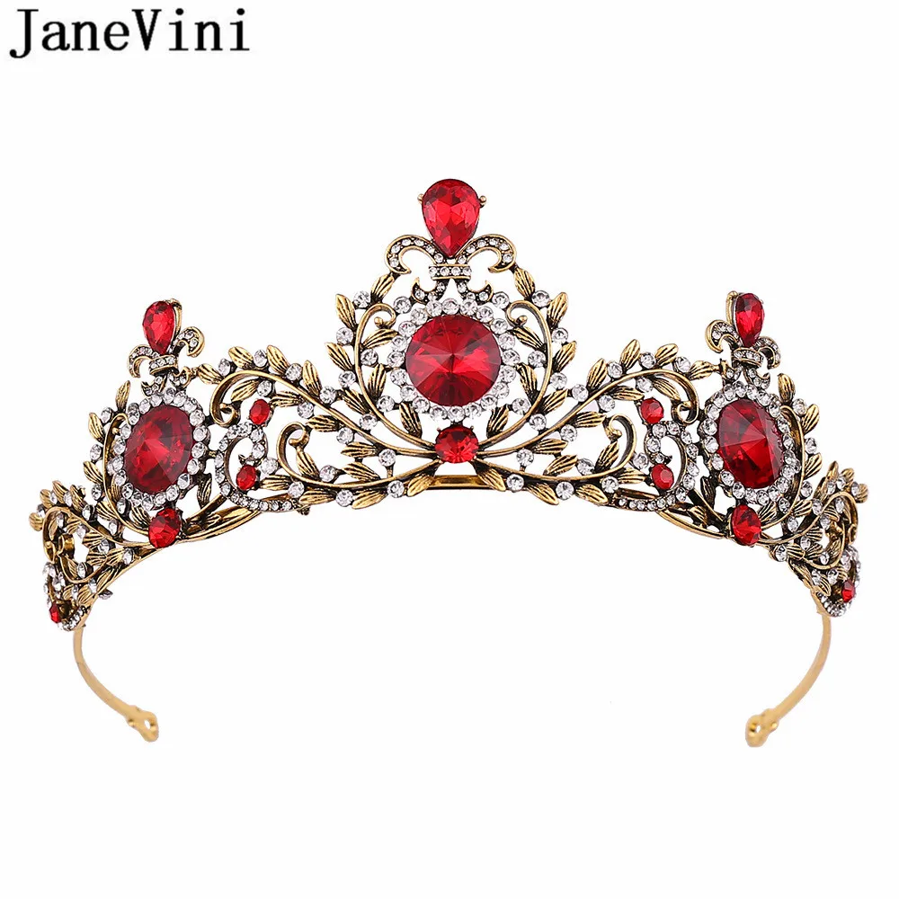 JaneVini Vintage Red Crystal Bride Headband Bronze Classic Bridal Tiara Hair Crown Wedding Hair Accessories Beaded Headpieces