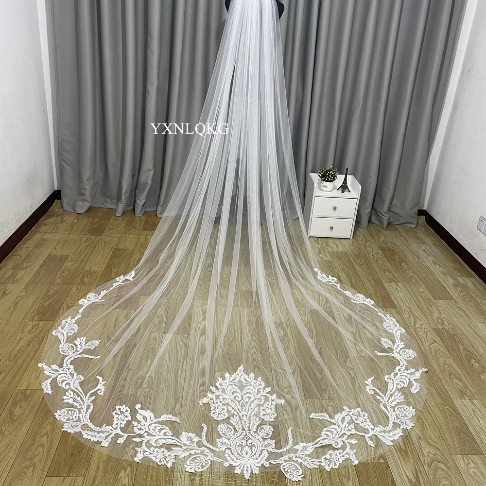 Baru Foto Asli 4 Meter Panjang Voile Mariage Renda Kerudung Pernikahan Tulle Kerudung Pengantin dengan Sisir Pengantin Aksesoris Pernikahan Veu De Noiva